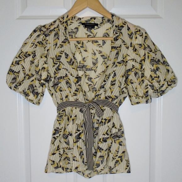 BCBGMaxAzria Sheer Feather Print Belted Blouse Top - Picture 4 of 10